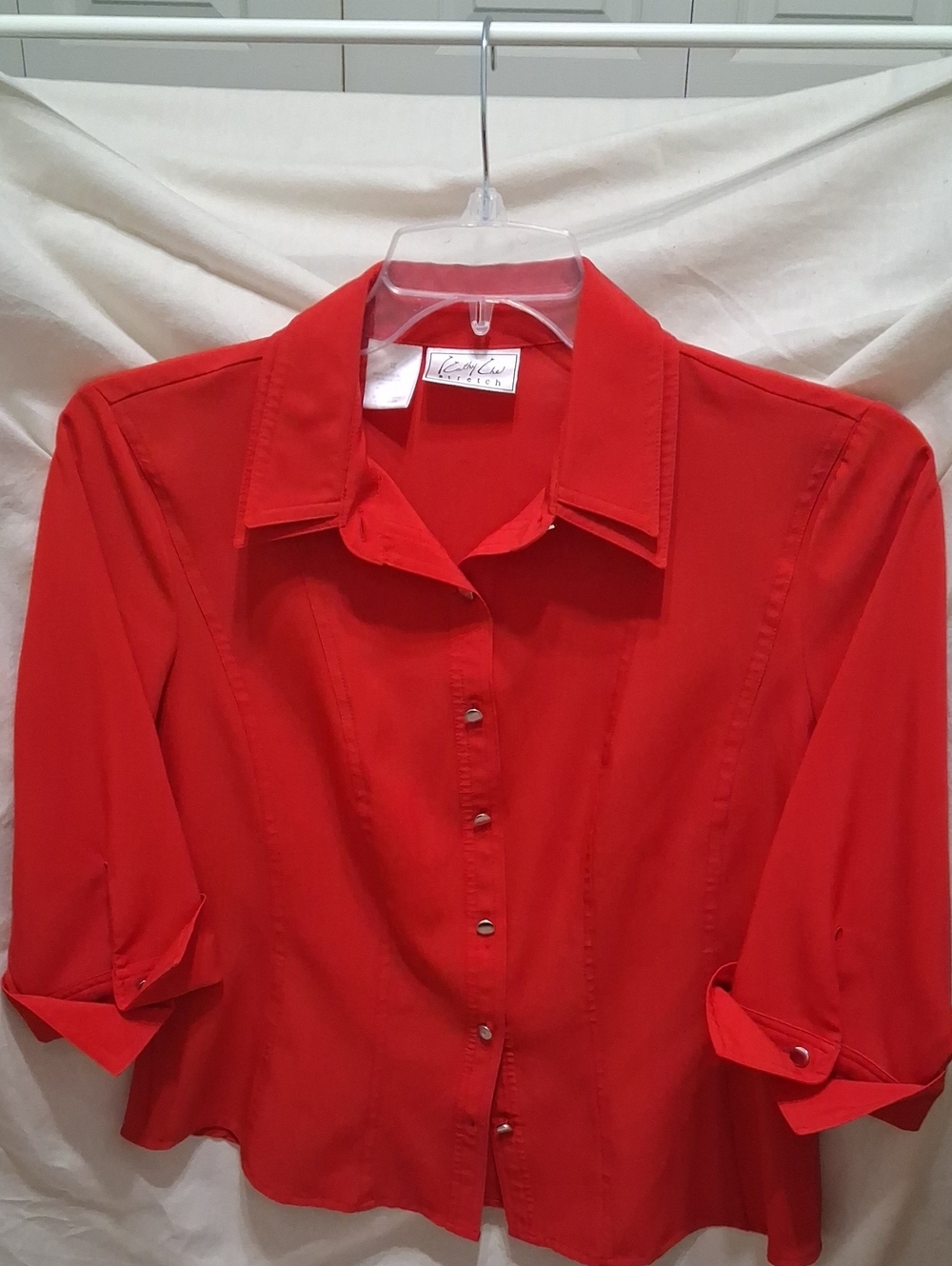 Bright Red Women’s Button-Down Shirt with Roll-Tab Sleeves